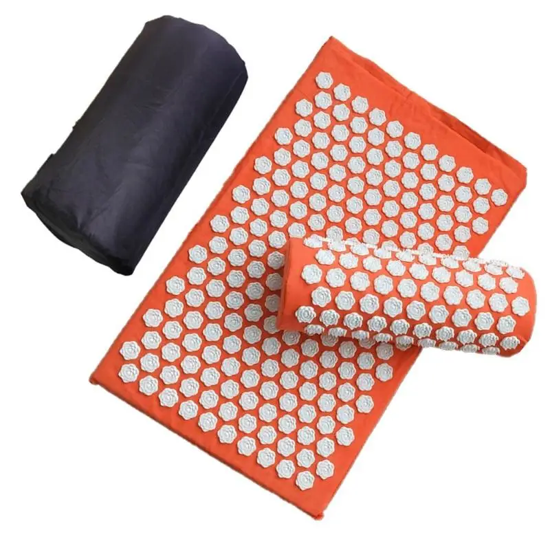 Massager Cushions Lotus Acupressure Mats Pillow Yoga Mats Relieve Back Pain Spike Mat Head Neck Foot Anti-stress Needle Massager - Цвет: Orange with bag