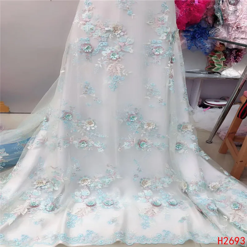 

2019 African Lace Fabric 5 Yards High Quality 3D Lace Fabric With Manual bead White Blue HJ2693-1