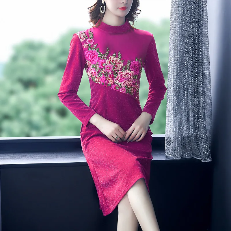 

Cheongsam Improved Version Dress Autumn 2019 New Style Stand Collar Embroidered Medium-length Sheath Waist Hugging Skirt