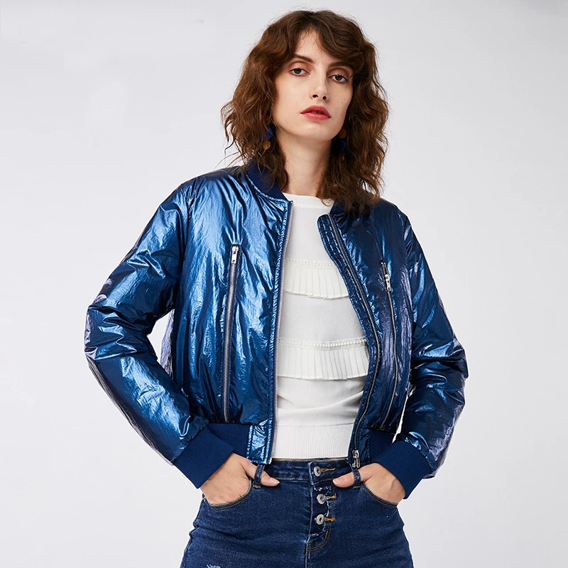royal blue Зимний металлический цвет женский короткий пуховик ребристый вязаный Бейсбольный воротник верхняя одежда розовый синий - Цвет: royal blue