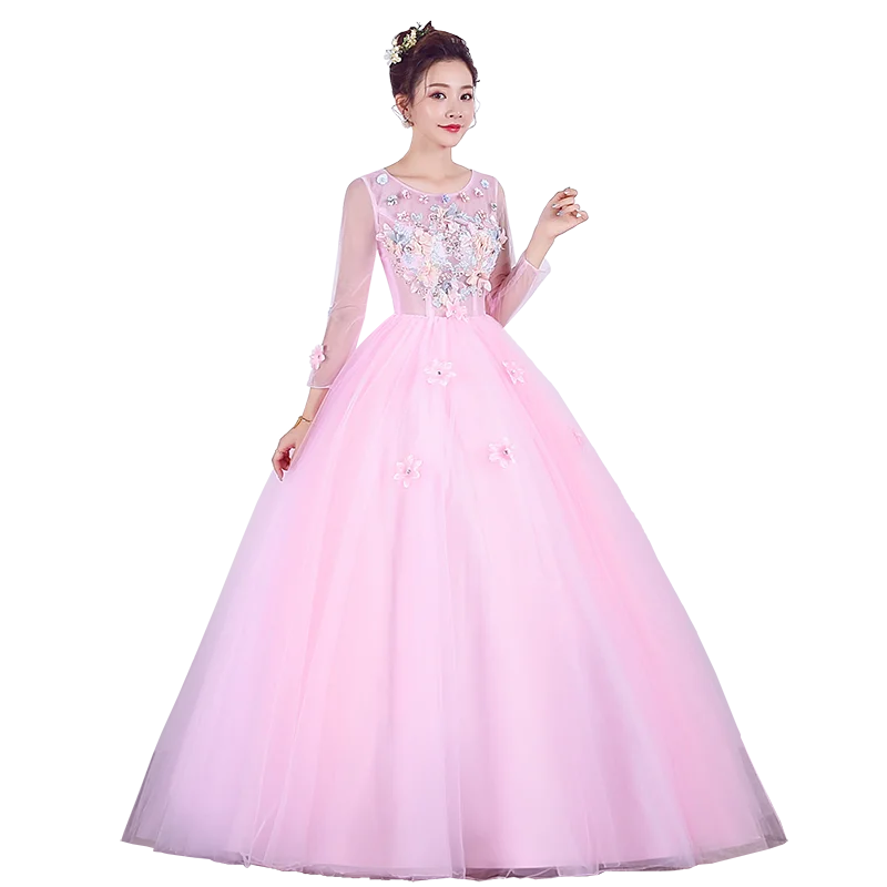Розовые платья Quinceanera для выпускного вечера вечерние платье золотые длинные рукав с накладной аппликацией танцевальное бальное платье, vestidos De милые платья