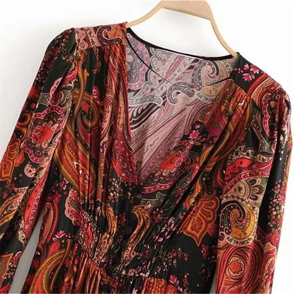 Женское платье миди с длинным рукавом V образным вырезом и помпонами|Платья| |