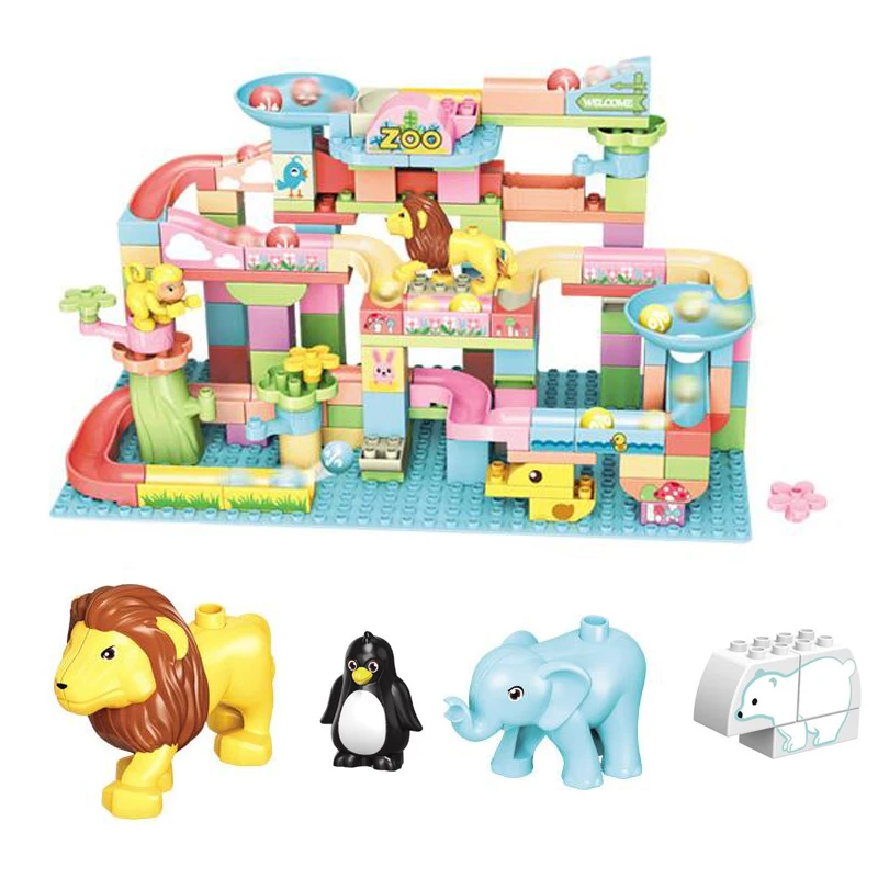 

145pcs Big Size Zoo Bricks Duploed Marble Race Run Maze Ball Track Building Blocks Plastic Funnel Slide Juniors Toys for Kids