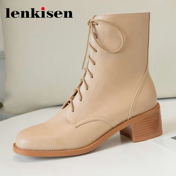 

Lenkisen genuine leather round toe high heel cross-tied winter shoes classic style online star recommend modern ankle boots L04