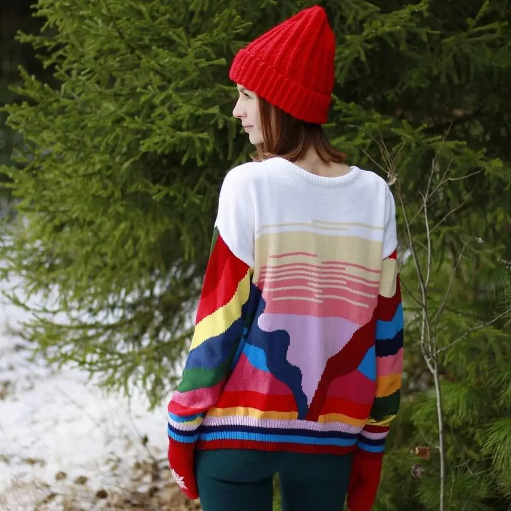 Multi Color Blocked Oversized Sweater Plus size Women Winter Knitted Pullover Cool Girls Loose Jumpers Pull Femme C-078