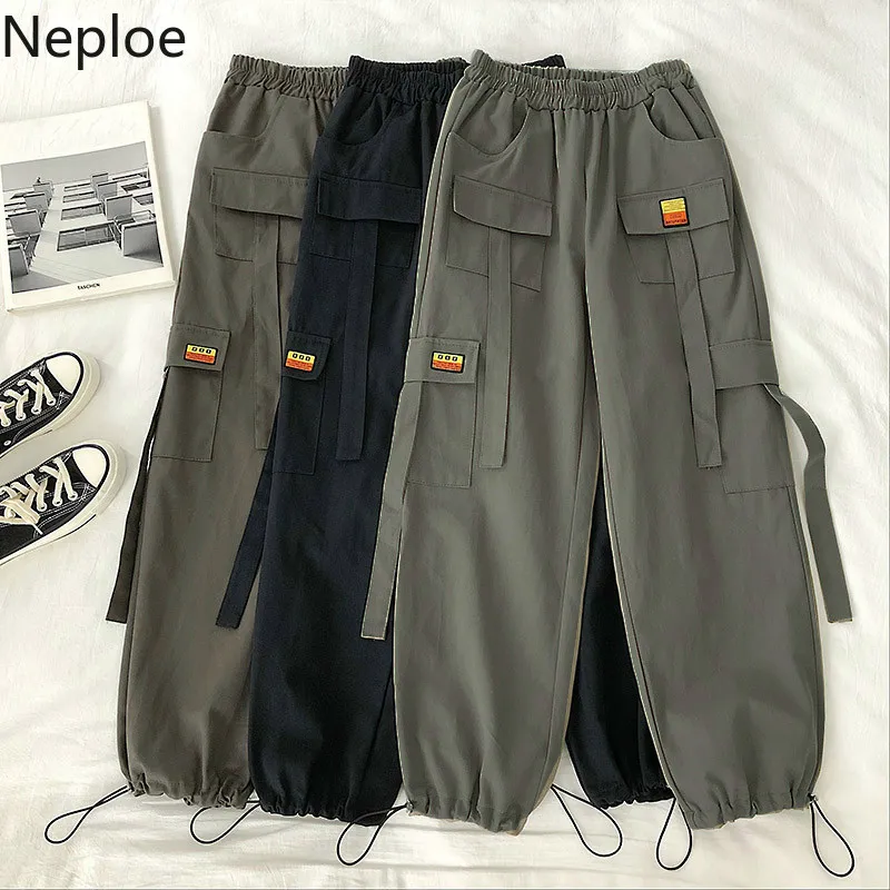 Neploe, женские,, осенние брюки-карго, повседневные, тянущиеся, с высокой талией, с карманами, с лентой, брюки в стиле сафари, BF, шаровары, 56015