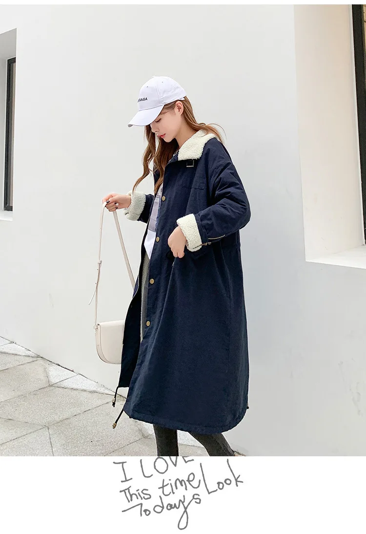Women Lamb Wool Collar Long Hooded Oversize Winter Dress Down Coat Thick Warm Jacket Cotton Padded Wadded Parkas 3D Big Pocket