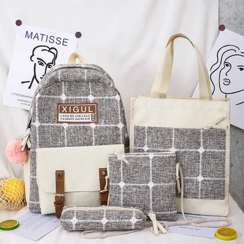 

4Pcs/set Canvas School Bag for Teenagers Girls Student Book Bags High Quality Women Travel School Backpacks Female Rucksack