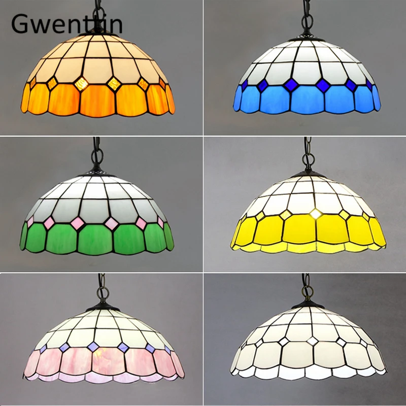 Tiffany Simple Square Pendant Light Mediterranean Stained Glass Hanging Lamp for Home Decor Dining Room Kitchen Lighting Fixture