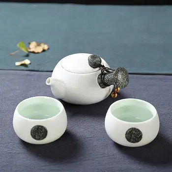 

3 Pcs Ceramic Chinese Gongfu Tea Side Handle Teapot & Teacups Mini Travel Set