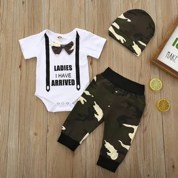 

Summer Baby Boy Clothes Short Sleeve Letters Printed Top Romper + Camouflage Pants + Camouflage Hat 3PCS Sets Hot Sell