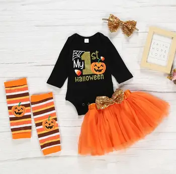 

Newborn Baby Girls Clothes Halloween Outfits Infant Long Sleeve Round Neck Romper Bow Mesh Skirt Headband Striped Socks Sets