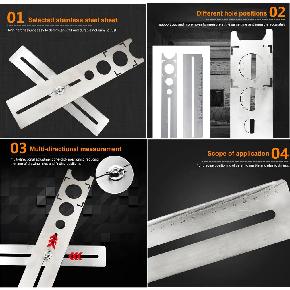 Tile Hole Puncher Locator Stainless Steel Puncher Tapper Drilling Hole Adjustable Tile Locator Position Ruler Accessories