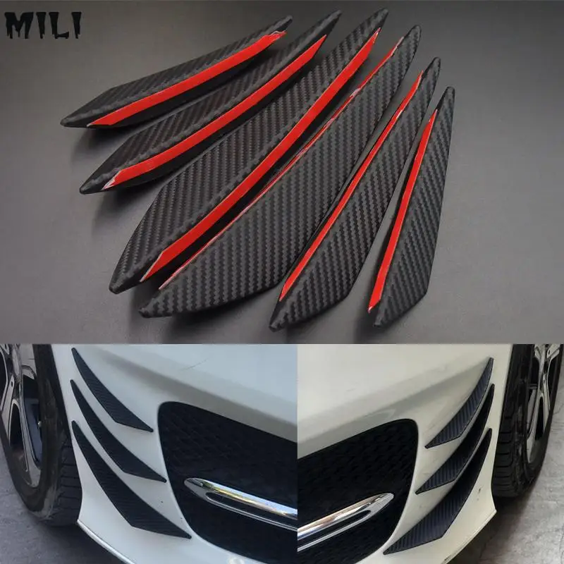 

6pcs Universal Black Carbon Fiber Car Styling Accessories Front Bumper Lip Rubber Fin Splitter Spoiler Canard Valence Sticker