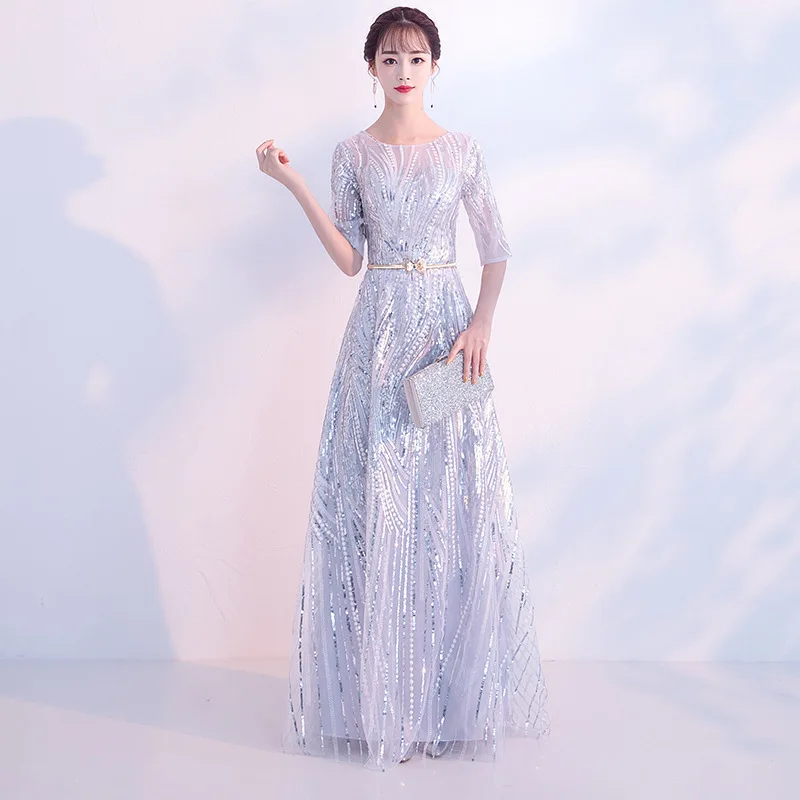 It is Yiiya Evening Gown Long Slivery Wedding Party Dress 2020 O-Neck Half Sleeve Formal Gowns Shiny Sequin Robe De Soiree K157
