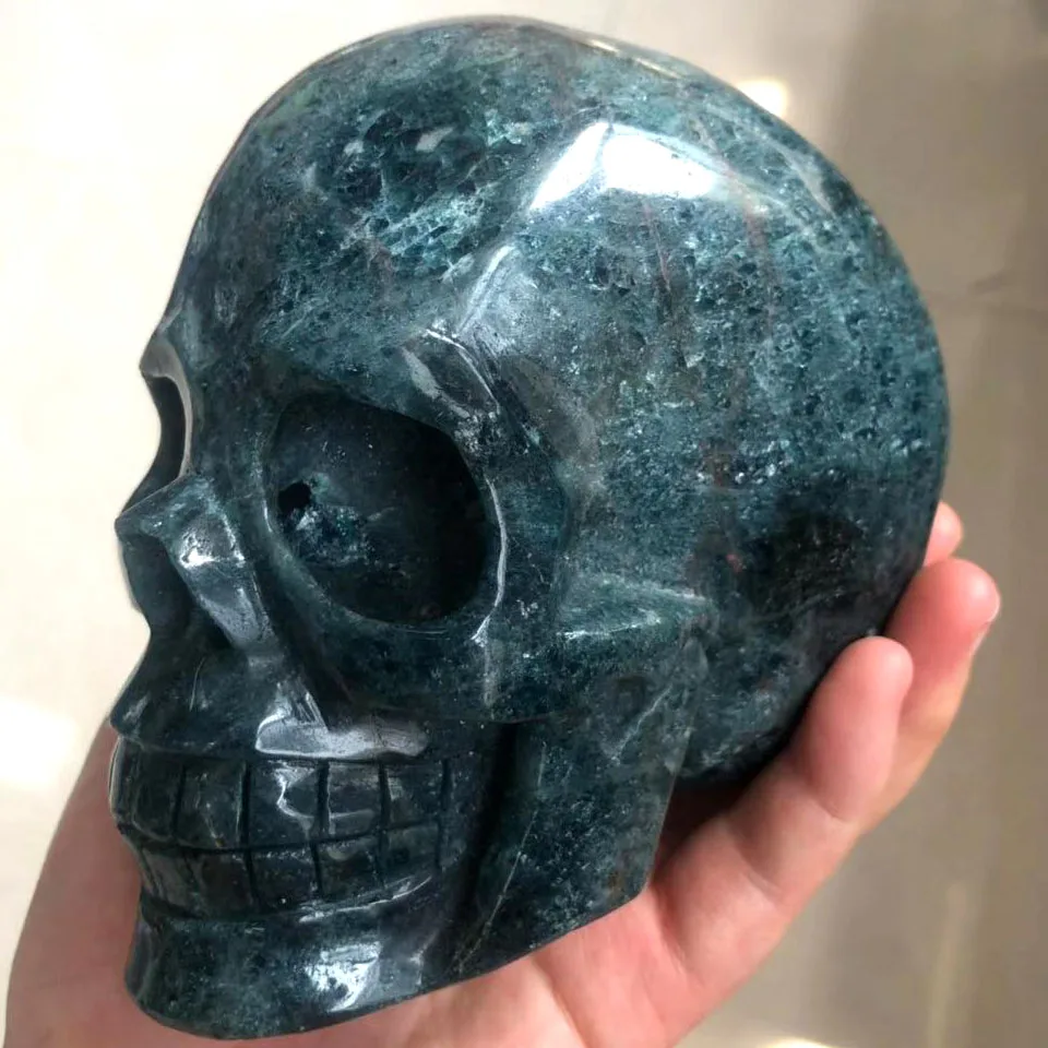 

Free Shipping Amazing 2.05kg Rare Natural Good Hand Carved Blue Apatite Stone Crystal Reiki Skull For Decoration 5.1'' FMX