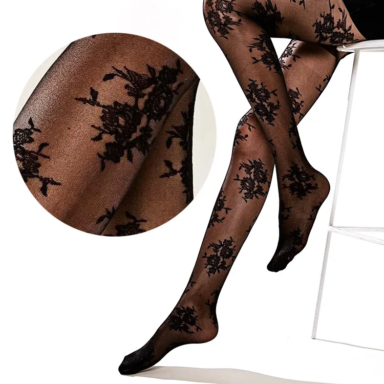 KASURE Sexy Transparent Tights With Patterned Tattoos Inscription Women Nylon Tights Elastic Jacquard Flower Pattern Pantyhose