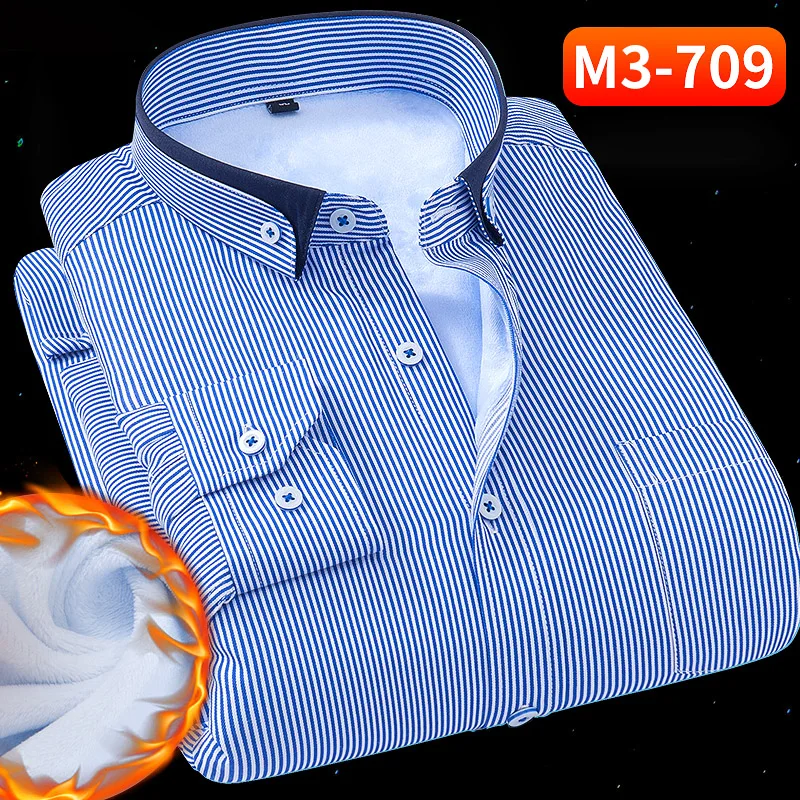 Зимняя Теплая мужская рубашка плюс бархат толстый длинный рукав сплошной цвет белый синий модная повседневная мужская рабочая одежда плюс размер 8XL 7XL - Цвет: 709