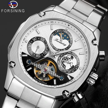 

Forsining Automatic Watch Mens Tourbillon Mechanical Silver Square Stainless Steel Moonphase Male Self-Winding Relogio Masculino