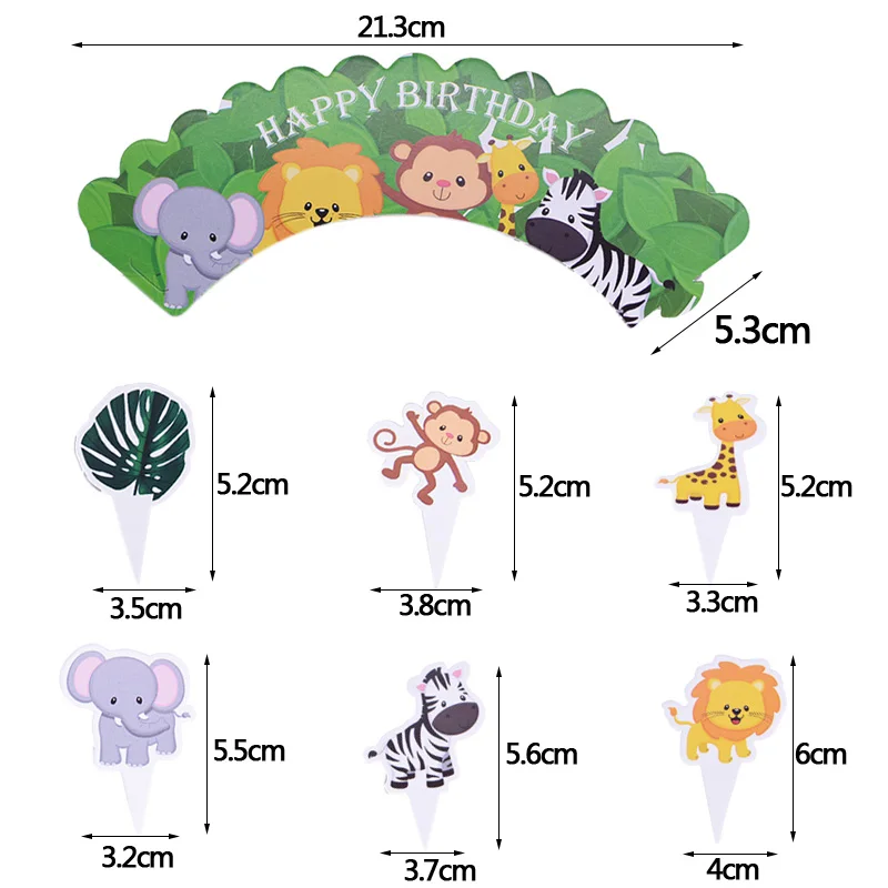 Animal Zebra Lion Giraffe Elephant Leaf Happy Birthday Cup Cake Wrappers Cup Cake Topper Kids Birthday Party Decoration Supplies