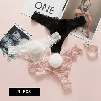 

Elastic women's close fitting low waist underwear detachable wool ball lace thong pants women's sexy and lovely pure color mesh