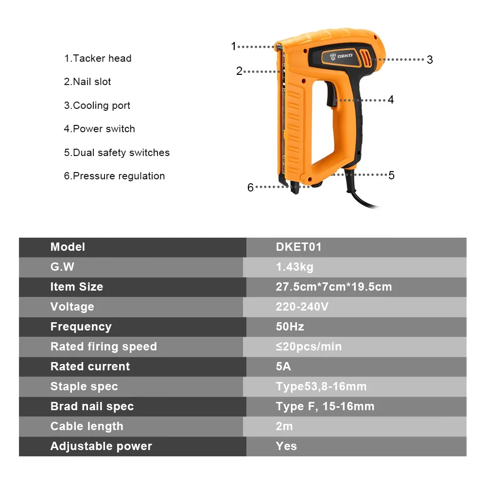 DEKO DKET01 220V Portable Electric Tacker Gun Electric Nail Gun 20pcs/min Woodworking Tool Electric Nail Gun Stapler Pneumat DEKO DKET01 220V Portable Electric Tacker Gun Electric Nail Gun 20pcs/min Woodworking Tool Electric Nail Gun Stapler Pneumat