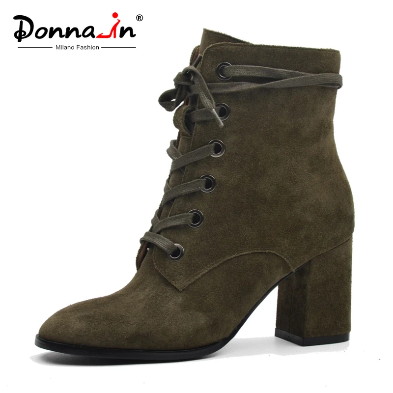 Cena Donna in buty damskie naturalny zamsz skóra gruby wysoki obcas sznurowane martin buty oryginalne skórzane buty kwadratowe toe botki