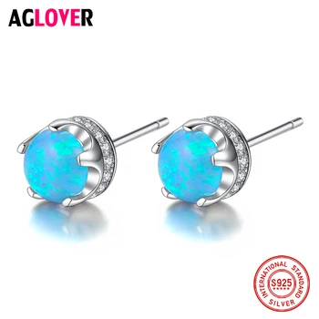 

AGLOVER 100% 925 Sterling Silver Earrings Simple Mini Round Opal Earrings For Fashion Women Glamour Wedding Jewelry New