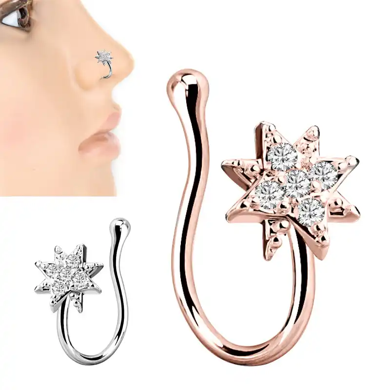 Imixlot Кристалл No-Пронзительный нос клип Серебряный цветок из розового золота нос кольцо для женщин мужчин нос клип на обруч носовые кольца с ложным пирсингом пирсинг для губ клипсы пирсинг тела ювелирные изделия
