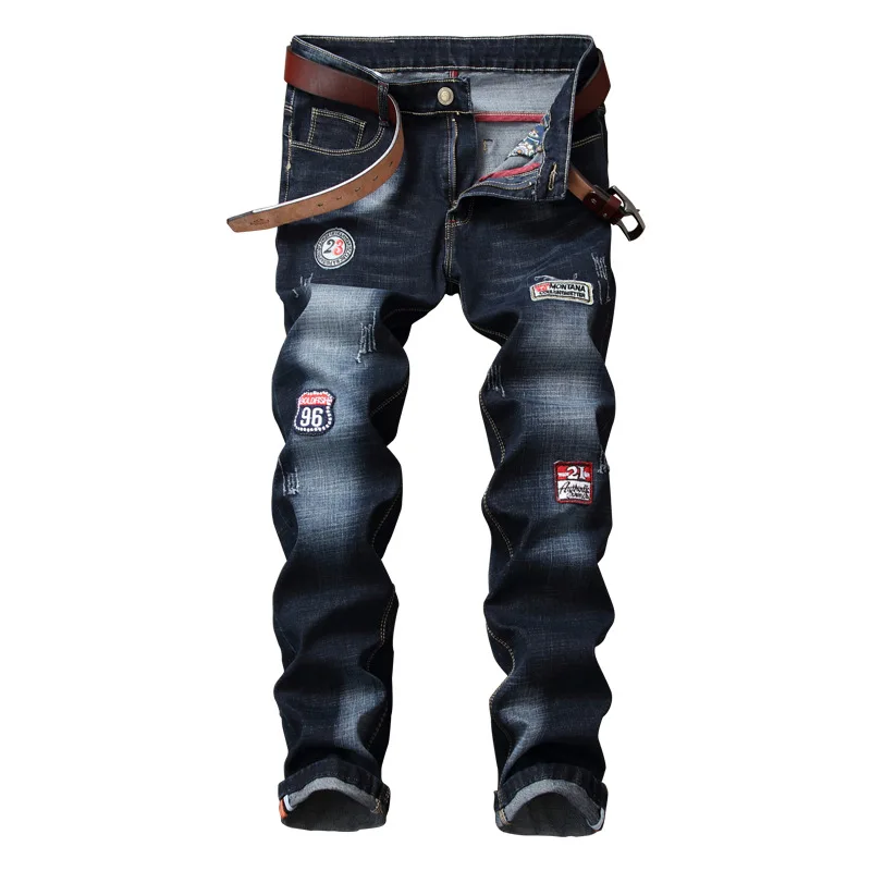 

Мужские джинсы в европейском и американском стиле, повседневные узкие, Прямые рваные, Брендовые брюки, темно-синие байкерские джинсовые штаны в стиле хип-хоп