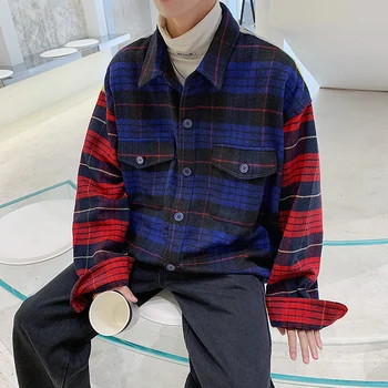 

2019 Men's Lattice Printing Loose High-grade Shirt Loose Outerwear Male Coats French Cuff Fabrics Shirts Plus Size S-XL