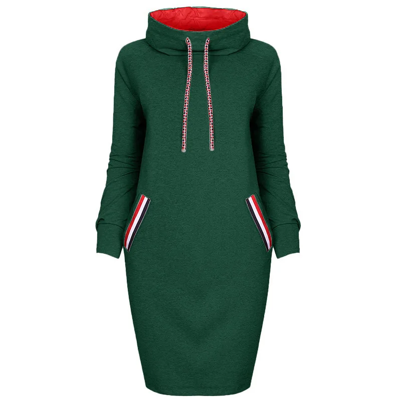 Женское осенне-зимнее платье миди, тонкое повседневное однотонное платье с длинным рукавом и карманом с капюшоном, платья с капюшоном, теплое платье - Цвет: Зеленый