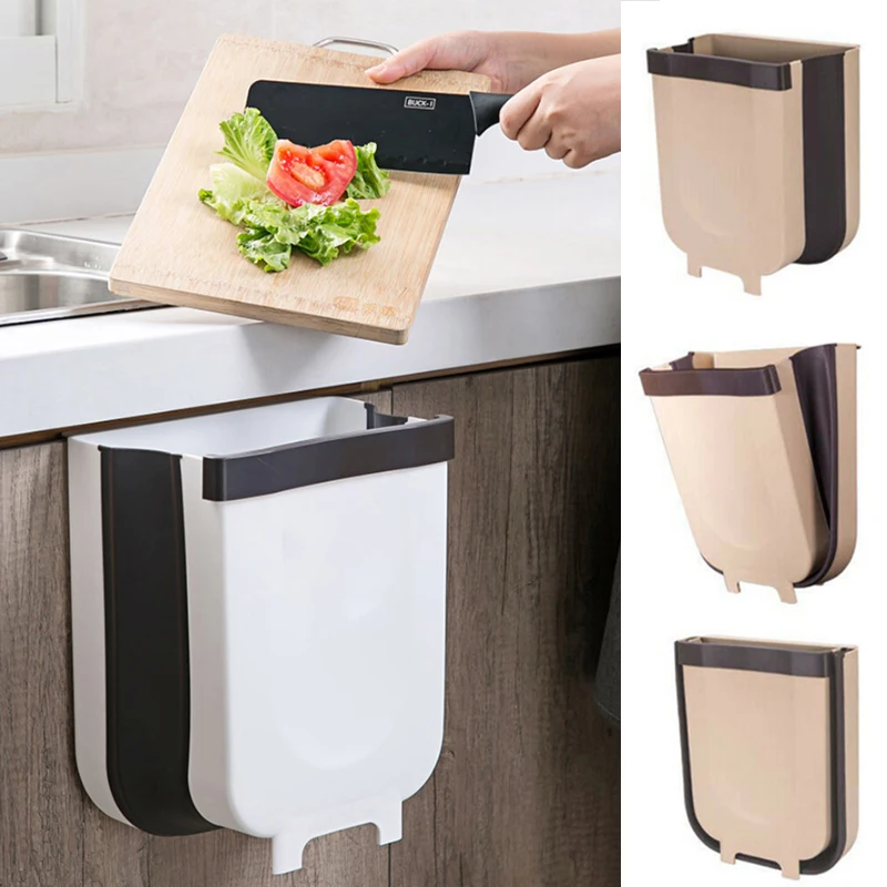 

5L 9L Wall Mounted Folding Waste Bin Kitchen Cabinet Door Hanging Trash Bin Garbage Car Trash Can Wall Mounted Foldable Cleaning