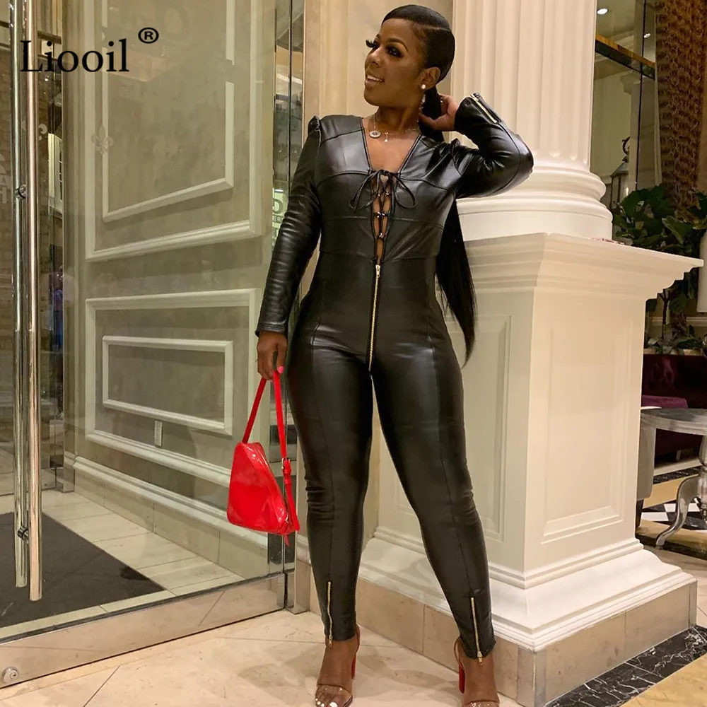 Черный Liooil Faux Leather Sexy Bandage Jumpsuits For Women Long Sleeve V Neck Party Club Rompers Bodycon Jumpsuit Black Overalls - Цвет: Черный