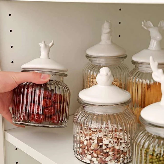 Creative Metal Deer Head Glass Storage Jar Sealed Candy Tea Sugar Jar  Kitchen Seasoning Food Storage Container Home Decoration