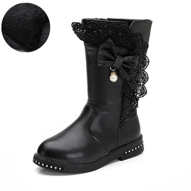 black plush Новинка года; детские зимние сапоги; теплые зимние сапоги принцессы для девочек; модная плюшевая детская обувь; высокие сапоги с кружевным бантом для девочек; KS541 - Цвет: black plush