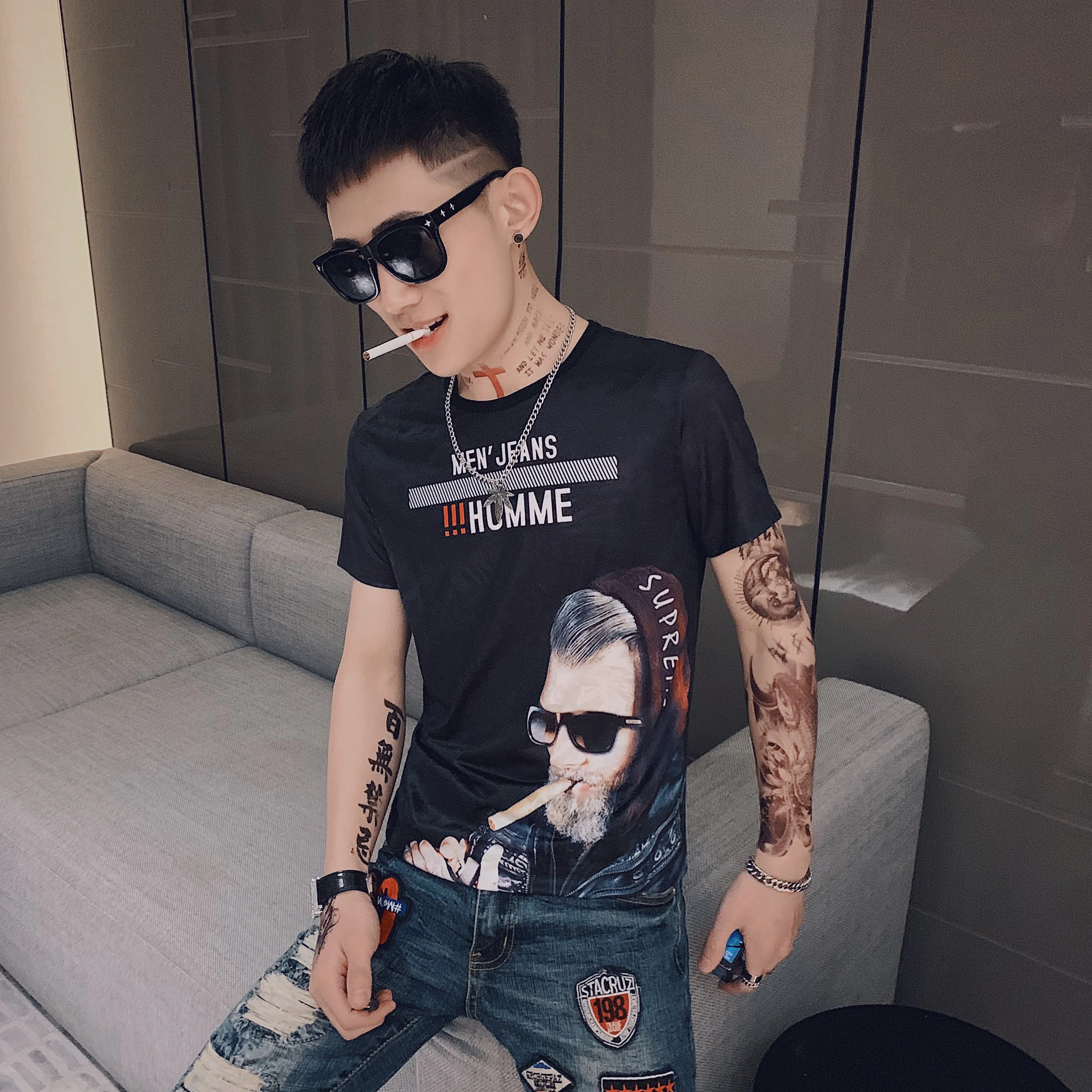 Мужская футболка с коротким рукавом лето 2020 шелковая принтом молоко надписью social