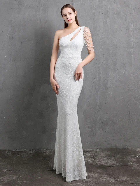 YIDINGZS Elegant One Shoulder White Sequin Dress Women Beading Evening Dress 2021 Party Wedding Maxi Dress 18519 White