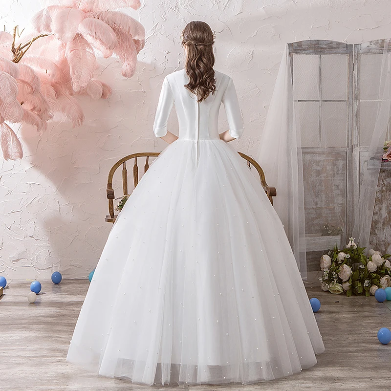 Свадебное платье, половинный рукав, сексуальный v-образный вырез, роскошное Атласное Бальное платье принцессы, Жемчужное свадебное платье с бисером es Hs791
