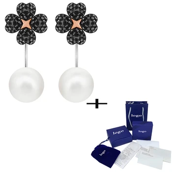 

SWA New Black Four Leaf Clover Pearl Dual Use Flower Crystal Earrings High End Jewelry Girlfriend Anniversary Love Gift