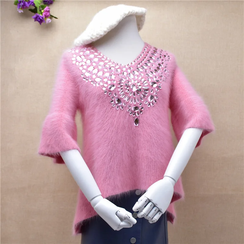 Body52cm chest82cm Милый женский вязаный пуловер с v-образным вырезом и кроличьим мехом, короткий рукав, рукав-рожок, яркое украшение со стразами, Осень-зима - Цвет: Body52cm chest82cm