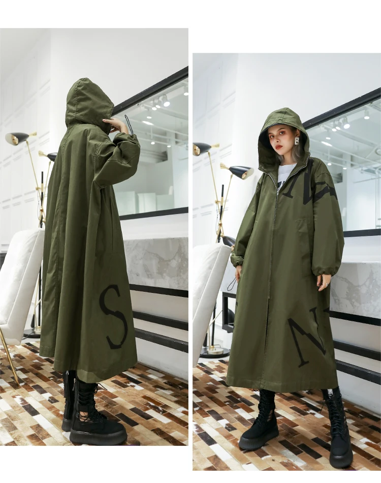 Oversize women's loose hooded trench coat fashion letter print batwing sleeve army green windbreaker for Muslim ladies