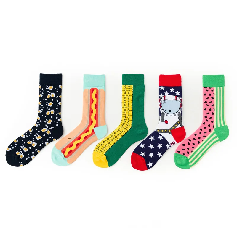 happy Men's socks hip hop Funny Combed Cotton Casual Watermelon Beer Burger Corn Astronaut Socks Colorful Novelty Skateboard