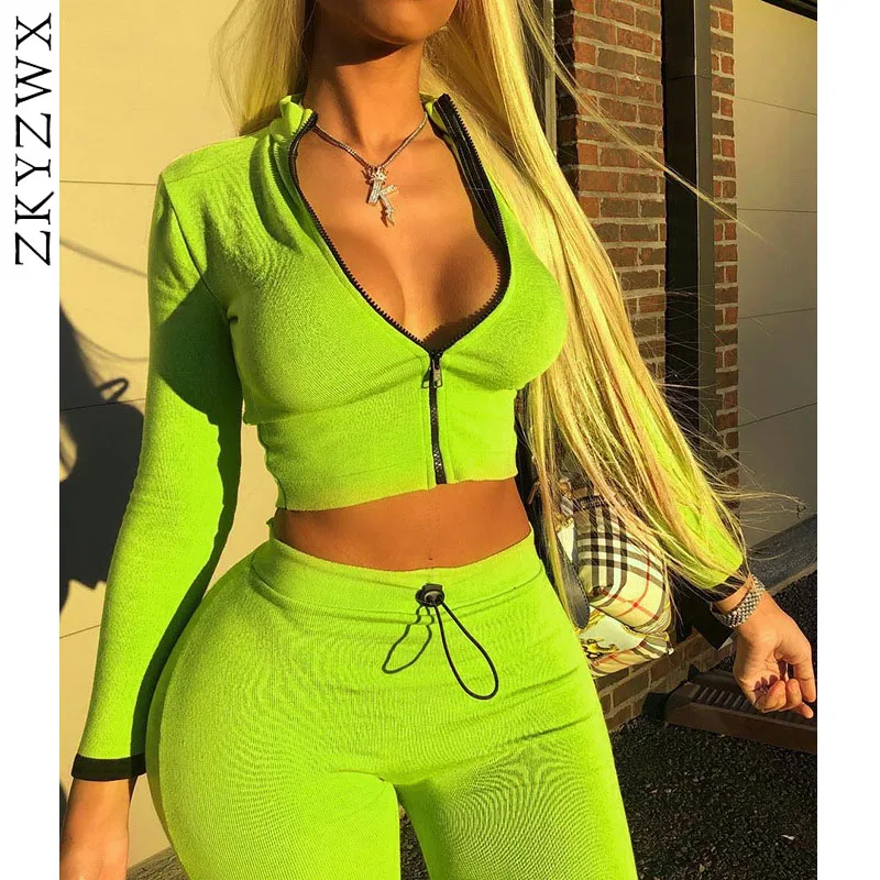 

ZKYZWX Green Tracksuit Two Piece Set Zipper Long Sleeve Sweatshirt Tops and Pants Matching Sets Fall Sexy Casual 2 Piece Sets