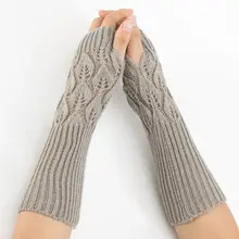 Зимние вязаные жаккардовые перчатки без пальцев для женщин и девочек, теплые однотонные варежки с отверстиями для большого пальца