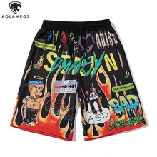Aolamegs Shorts Men Cartoon Flame Graffiti Print Beach Knee-length Shorts Hip Hop Bermuda Style Elastic Waist High Street Summer