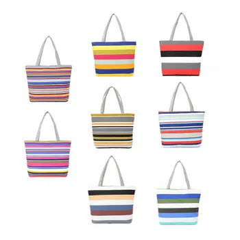 

Women Summer Beach Shoulder Bag Handbag Fashion Strips Canvas Shopping Tote Zipper Large Capacity