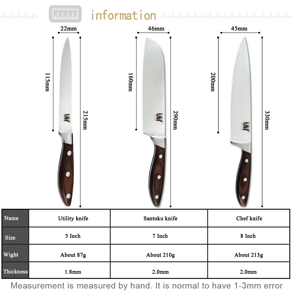 XYj набор кухонных ножей из нержавеющей стали, 3 шт., 8 дюймов, шеф-повара, 7 дюймов, сантоку, 5 дюймов, нож с цветной деревянной ручкой и острым лезвием