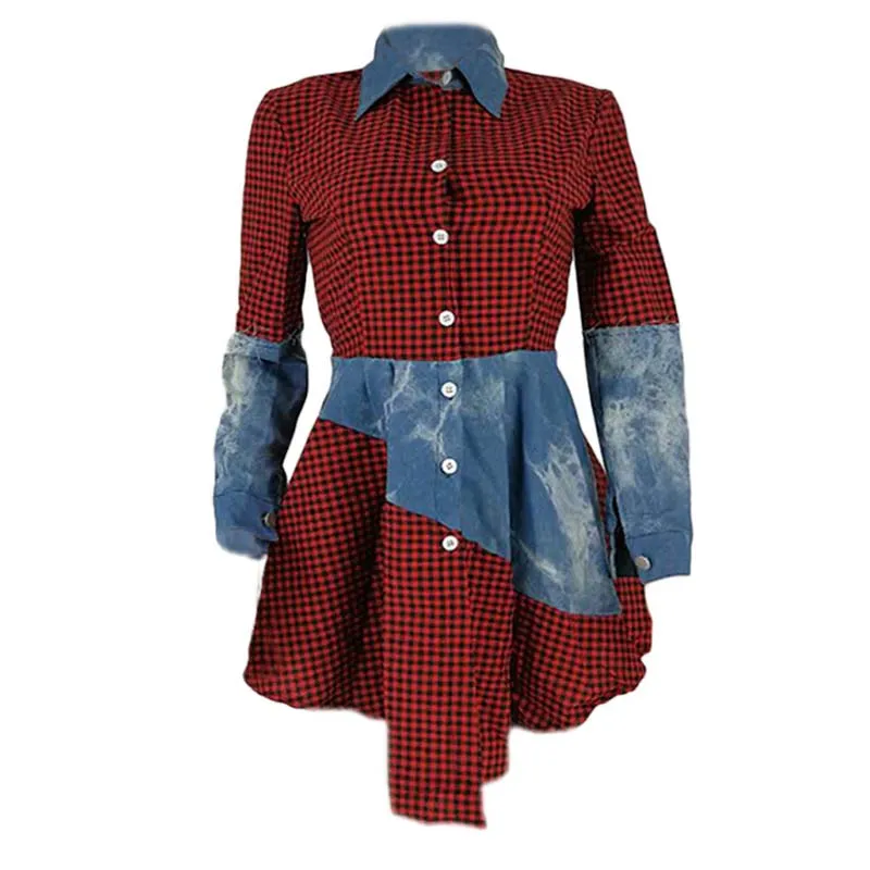 Женская Рубашка-Платье на пуговицах с отложным воротником, необычный дизайн, лоскутное платье, шикарное мини-платье в стиле хип-хоп, уличная одежда - Цвет: Многоцветный