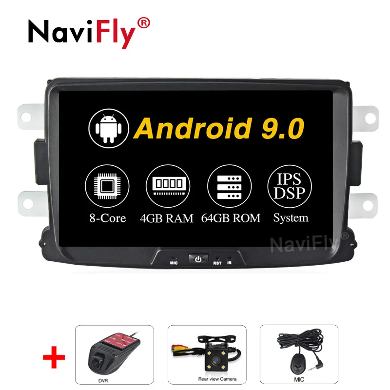 4G-64GB-Camera-DVR NaviFly Авто gps Android 9 автомобильный проигрыватель с радио и gps для Duster/Captur/Lada/Xray 2/Logan 2/Sandero 8 дюймов ips экран Встроенный DSP - Цвет: 4G-64GB-Camera-DVR
